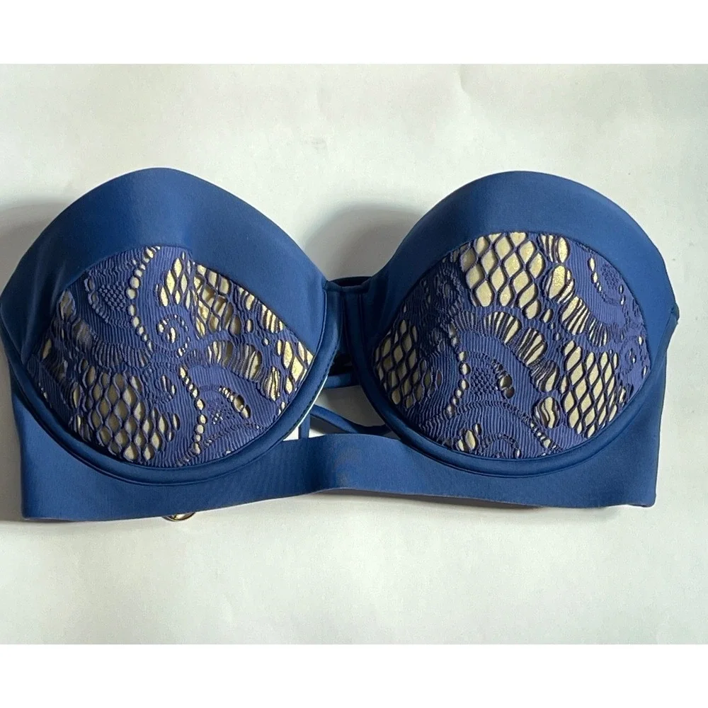 Luli Fama Wanted and Wild Lacey Underwire Bikini Set Royal Blue Gold Medium